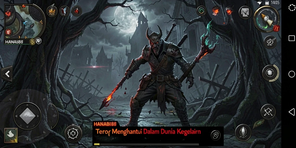 Tangkapan layar gameplay HANABI88 menampilkan suasana menakutkan dan karakter menyeramkan.