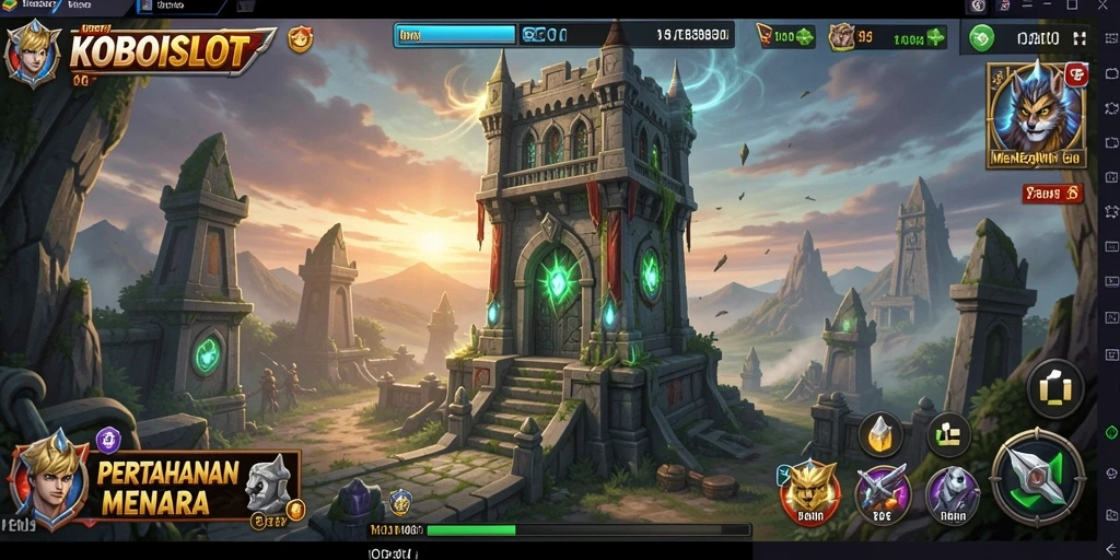 Tampilan gameplay seru di KOBOISLOT dengan menara yang tangguh dan musuh yang beragam.