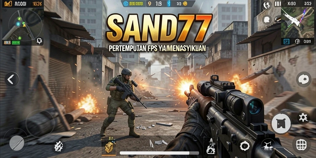 Screenshot gameplay SAND77 yang penuh aksi dalam pertempuran FPS.