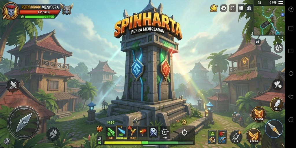 Tampilan menarik dari gameplay SPINHARTA dalam Tower Defense.