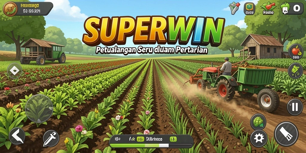 Tampilan menarik dari gameplay SUPERWIN yang menunjukkan aktivitas bertani.