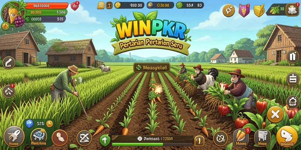 Screenshot gameplay <strong>WINPKR</strong> menunjukkan kebun yang indah dan aktivitas pertanian yang menyenangkan.